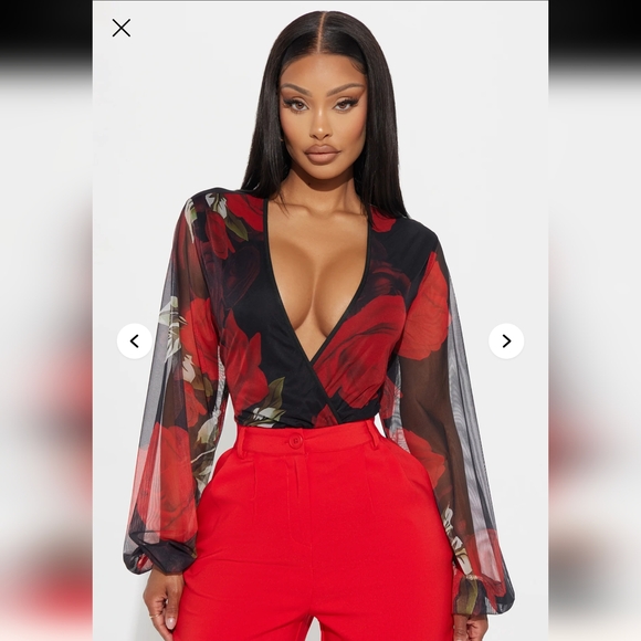 Fashion Nova Black and Red Mesh Floral Bodysuit - Picture 2 of 8